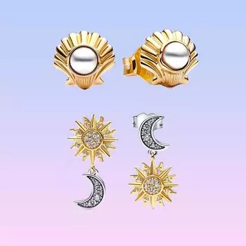 S925 Серебряные двухцветные перевернутые серьги-гвоздики в виде ракушек Солнца и Луны для женщин, модные украшения, подарки на день рождения