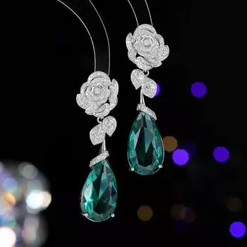 S925 Серебряные иглы Модные ретро длинные серьги-цветы Тяжелая промышленность Микро-инкрустированные цирконием Камелия Капли Уха Украшения зелёный