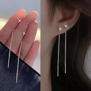 S925 Серебряные игольчатые серьги со звездами для женщин, серьги-капли с кисточками, длинная цепочка, бусины, серьги для пирсинга, асимметрия, украшения для ушей