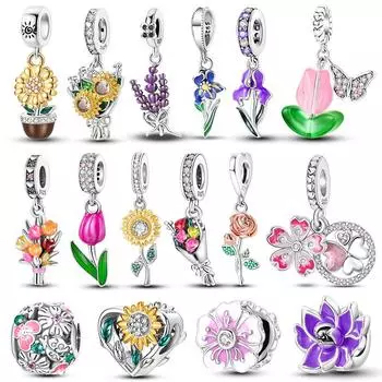 S925 Серебряные подвески в форме цветка подсолнечника, тюльпана, подвески, подходят для оригинального браслета, изготовления ювелирных изделий Baeds