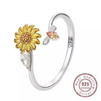 S925 Серебряные вращающиеся кольца для женщин с кубическим цирконием, подсолнух, пчела, тревожное кольцо, антистрессовое вращающееся ювелирное изделие, подарок жёлтый