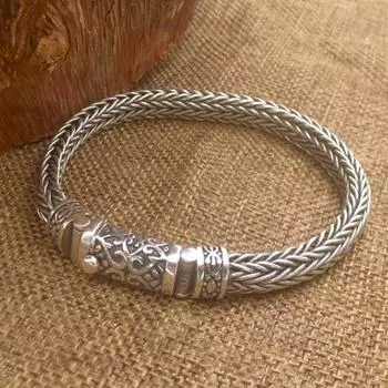 S925 Серебряный Браслет Из Чистого Ручного Сплетения 8 мм Для Мужчин Тайский Серебряный Винтажный Старый Мужской Браслет Из Стерлингового Серебра 925 Пробы 18cm