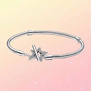 S925 Серебряный браслет с асимметричной звездой и Т-образным стержнем в виде змеиной цепочки подходит для индивидуального очарования DIY для женского подарка на день рождения 17cm