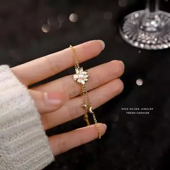 S925 Серебряный браслет со звездной луной и лотосом, женский браслет Tamsui с жемчугом, роскошный цветок с кисточкой, роскошный подарок ручной работы 16cm