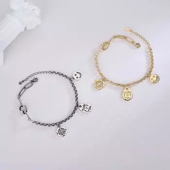 S925 Серебряный браслет в корейском стиле со смайликом и буквой-колесом, тайский серебряный браслет в стиле ретро в старом стиле Adjustable size