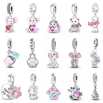 S925 Серебряный цвет Кот Медведь Слон Кролик Милые розовые животные Подвески Бусины Подходит S925 Оригинальные Браслеты Изящные DIY Ювелирные Изделия Подарки