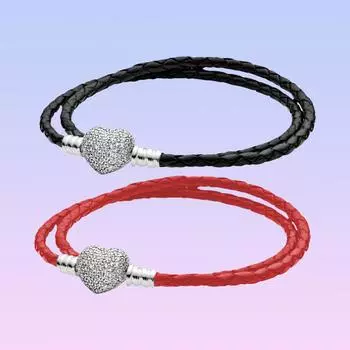 S925 Серебряный двойной браслет из плетеной кожи с сердечком, подходит для оригинальных подвесок для женщин, изготовление ювелирных изделий 18cm