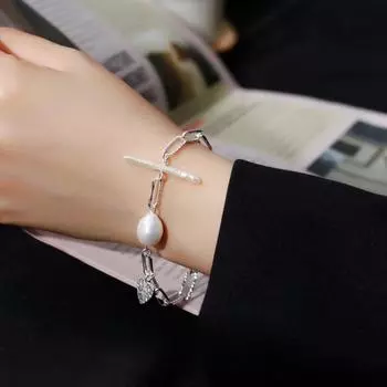 S925 Серебряный европейский и американский натуральный жемчуг в стиле барокко Браслет Love Женский минималистичный браслет в форме сердца в стиле ретро Adjustable size