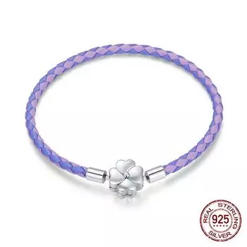 S925 Серебряный фиолетовый браслет на удачу из натуральной кожи 17