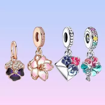 S925 Серебряный конверт с анютиными глазками, подвеска в виде вишневого цвета подходит для оригинального браслета DIY для женщин, подарок на день рождения