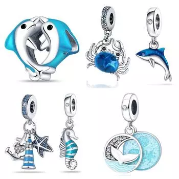 S925 Серебряный кулон Diy Браслет Ювелирные изделия Морская жизнь Морской конек Дельфин Краб Подвеска Очарование