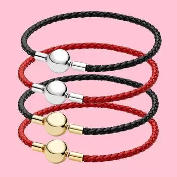 S925 Серебряный плетеный кожаный браслет с круглой пряжкой и одной петлей, подходит для женских подарков на день рождения, модные украшения 16 cm