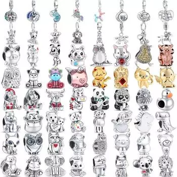 S925 Серебряный Подвеска в виде животного кошка, собака, панда, сова, белка, единорог, лошадь, медведь, кролик, сделай сам, бусина подходит для оригинального браслета, ювелирные украшения