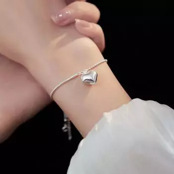 S925 Серебряный простой круглый бисер из змеиной кости, браслет «Любовь», модный индивидуальный нишевый дизайн, ювелирные изделия в форме сердца, ручные украшения Adjustable size