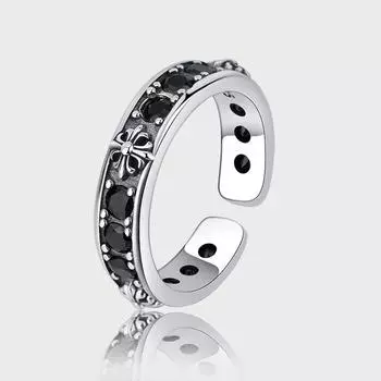 S925 Серебряный ретро-крест с черным цирконием, открытое кольцо, легкая роскошная ниша, изысканный высококачественный трехмерный рельеф холодного ветра