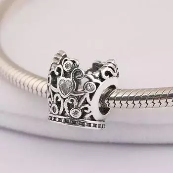 S925 Серебряный Шарм из Бисера для Женщин Браслет Принцесса Корона Шарм Прозрачный Кристалл Женщины DIY Ювелирные Изделия