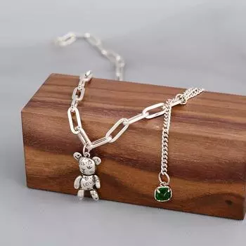S925 серебряный штамп медведь свитер ожерелье для женщин INS модный элегантный зеленый циркон кулон ожерелье невесты ювелирные изделия подарок