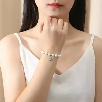 S925 Серебряный светильник, роскошный стиль, браслет «Любовь», женская мода, ювелирные изделия из синтетического жемчуга, полированный гладкий жемчуг в форме сердца, ювелирные изделия 18cm