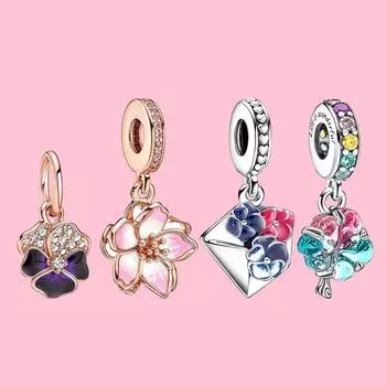 S925 Серебряный темно-фиолетовый цветок анютины глазки висячие подвески подходят для оригинального очарования DIY ювелирные изделия для женщин подарки на день рождения