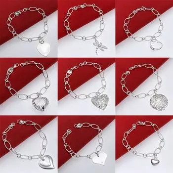 s925 Штамп Серебряные Подвески Сердца Браслеты для Женщин Мода Свадьба Рождественские Подарки Роскошные Дизайнерские Ювелирные Изделия 20см 8 дюймов 20cm