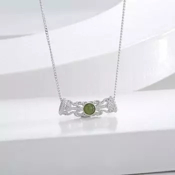 S925 Silver Auspicious Pattern Elbow Passepartout Necklace Female Jasper Pendant Vintage National Trendy Clavicle Chain Silver Jewelry 925 Silver