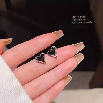 S925 Silver Black Diamond Heart Earrings for Women - Trendy and Chic Style E6088 серебряный