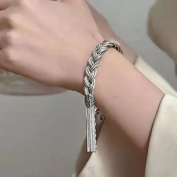 S925 Silver Cable Stitch Bracelet for Women 2025 New Arrival Special-Interest Design Mild Luxury Retro Ethnic Style Woven Tassel Carrying Strap Woven Cable Stitch Bracelet