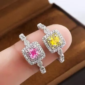 Кольцо с розовым бриллиантом из серебра 925 пробы, микроинкрустированное квадратное желтое бриллиантовое кольцо, женское сахарное украшение, супер яркий праздничный подарок 5 розовый