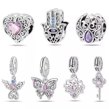 S925 Серебряный Цвет Романтичный Ретро Сердце Формы Хранитель Бабочка Подвески Бусины Подходит S925 Оригинальные Браслеты DIY Ювелирные Изделия Подарок