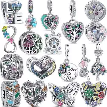S925 Серебряный Красочный Циркон Бабочка Цветок Лист Букет Колесо обозрения Любовь Бусины Подходит Оригинальный Браслет DIY Ювелирные Изделия