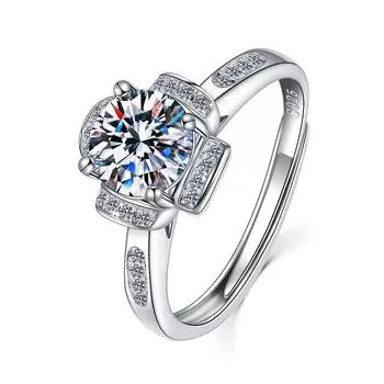 S925 Silver Fashion Three Gold Hand Stick Flower Ring Women S Guochao Bright One Carat Diamond Ring Four Claw Flower Opening Ring opening adjustable