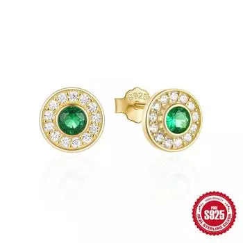 S925 Silver High-End Round Retro Temperament Cat S Eye Stud Earrings Femininity Noble Emerald 925 Silver