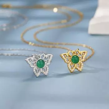 S925 silver inlaid natural chalcedony butterfly necklace women s hollow zircon pendant sweet jewelry 925 silver