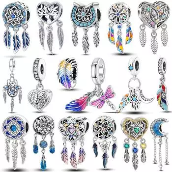S925 Серебряный инкрустированный цирконами перья подвески бусины CZ Луна Ловец снов подвеска подходит оригинальный браслет ожерелье DIY ювелирные изделия