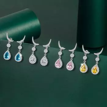 S925 Silver Needle European and American Fashion Color Diamond Series Water Drop Pear Earrings Simple Trend Moon Earrings Earrings