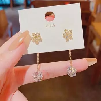 S925 Silver Needle Luxury Long Tassel Earrings with Exquisite, Sparkling Zircon, Convertible to Flower Style. золотой