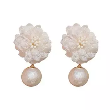 S925 Silver Needle Mesh Flower Stud Earrings Light Luxury Fabric Art Pearl Drop Earrings Sweet