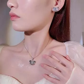 S925 Silver Needle Simple Personality Full Diamond Bear Necklace Female Cute Red Panda Earrings