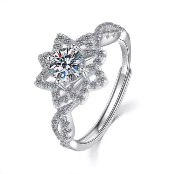 S925 Silver Sunflower Ring With Diamonds, Small Daisy Open Ring, Twisted Arm Petals 50 Points Four-Claw Diamond Ring Opening adjustable