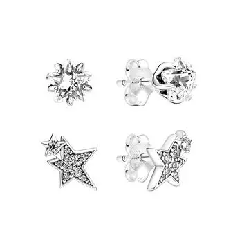 Серьги-гвоздики из стерлингового серебра S925 с асимметричными звездами в виде космической сверкающей звезды Европы для женщин, ювелирный подарок