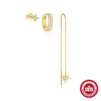 S925 Sterling Silver Chain Star Octagram Earrings Zircon Stud Earrings Temperament Artistic Long Stud Earrings Set 925 Silver