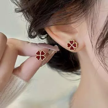 S925 Sterling Silver Clover Red Stud Earring Festive Accessible Luxury Fancy Elegant Earrings Exquisite 2025 New Year Earrings s925 silver needle Red Clover ear studs