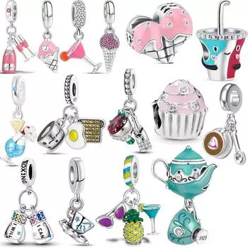 S925 стерлингового серебра чашка кофе мороженое бокал для вина паве блестящие бусины подвески подходят оригинальные подвески браслет женские ювелирные изделия