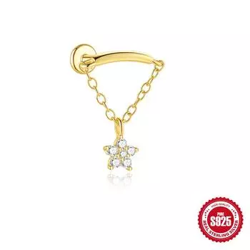 S925 Sterling Silver Diamond Fringed Chain Flat Head Thread Puncture Earbone Studs Personalized Creative Octagram 16G Earrings