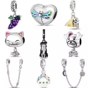 S925 стерлингового серебра стрекоза виноград пирамида кошка собака игральные кости луна солнце защитные бусины цепи подходят оригинальный браслет с подвесками ювелирные изделия