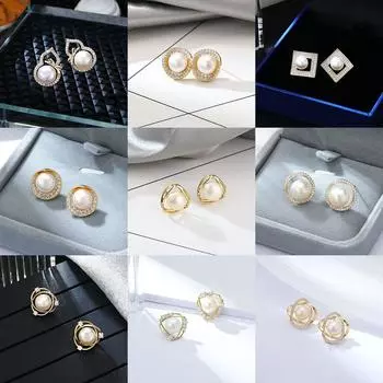 Серьги из стерлингового серебра 925 пробы с медной микроинкрустацией цирконами, пресноводным жемчугом и геометрическим дизайном для женщин