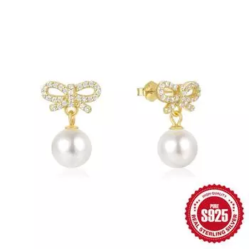 S925 Sterling Silver Elegant Diamond Bow Pearl Ladies Stud Earrings Small Fresh Earrings Mother S Day Gift 925 Silver