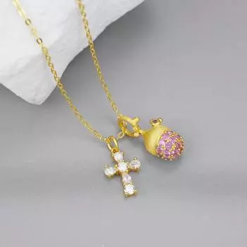 S925 sterling silver explosive zircon pine cone cross necklace exquisite ancient method full of diamonds pink zircon collarbone chain 925 Silver