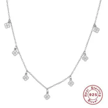 S925 Sterling Silver Four-Leaf Clover Diamond-Encrusted Small Accessories Stacked Collarbone Chain Necklace Women 925 Silver платиновый