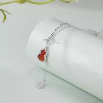 S925 sterling silver gourd necklace female TO buckle tassel collarbone chain inlaid with agate pendant 925 Silver